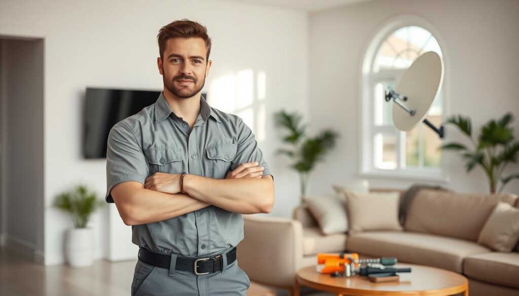 A professional DStv installer in a crisp uniform confidently standing in a well-lit, modern living room, tools neatly organized on a side table. Behind them, a sleek DStv satellite dish is being expertly mounted on the exterior wall, blending seamlessly with the home's architecture. The installer's attentive expression and precise hand movements convey their expertise and dedication to providing exceptional service. The room's warm, inviting atmosphere suggests the installer's commitment to customer satisfaction and a job well done. A professional DStv installer in a crisp uniform confidently standing in a well-lit, modern living room, tools neatly organized on a side table. Behind them, a sleek DStv satellite dish is being expertly mounted on the exterior wall, blending seamlessly with the home's architecture. The installer's attentive expression and precise hand movements convey their expertise and dedication to providing exceptional service. The room's warm, inviting atmosphere suggests the installer's commitment to customer satisfaction and a job well done.