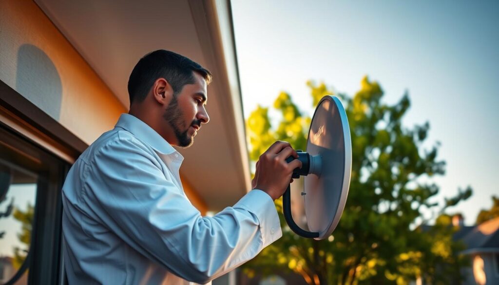 A professional DStv installer in a crisp white uniform carefully mounts a satellite dish on the side of a modern suburban home. The sun casts warm, golden lighting across the scene, highlighting the installer's focused expression as they precisely align the dish. In the background, lush green trees and a clear blue sky create a serene, picturesque setting. The image conveys a sense of expertise, attention to detail, and a commitment to providing high-quality DStv installation services that seamlessly integrate with the home's architecture and aesthetic. A professional DStv installer in a crisp white uniform carefully mounts a satellite dish on the side of a modern suburban home. The sun casts warm, golden lighting across the scene, highlighting the installer's focused expression as they precisely align the dish. In the background, lush green trees and a clear blue sky create a serene, picturesque setting. The image conveys a sense of expertise, attention to detail, and a commitment to providing high-quality DStv installation services that seamlessly integrate with the home's architecture and aesthetic.