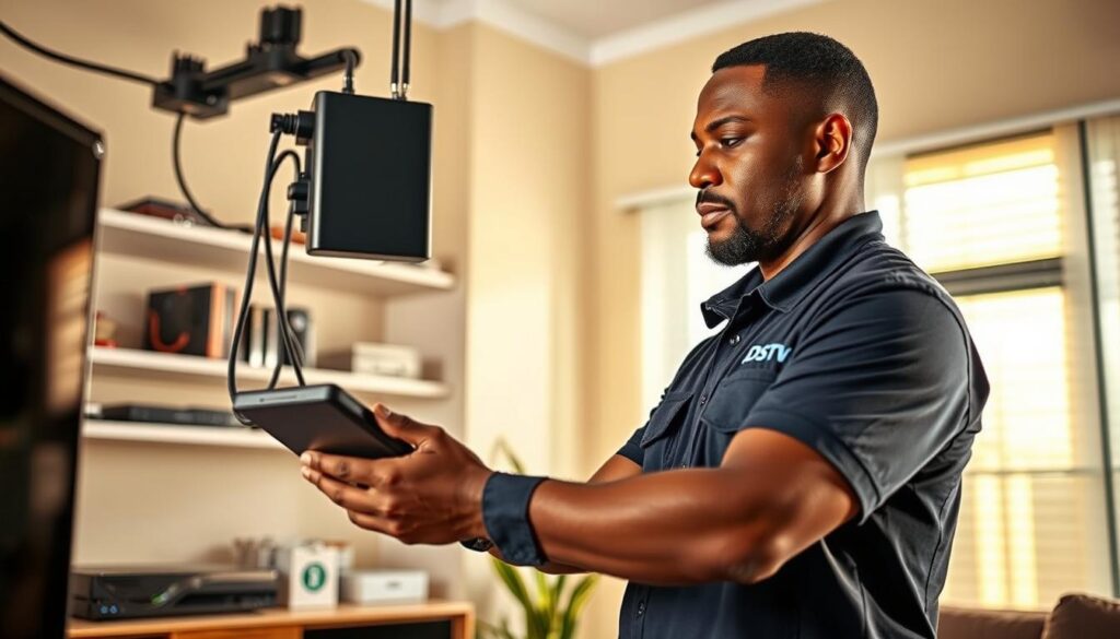 A professional DStv installer in a well-lit home office, focused on installing a signal booster. The installer is wearing a branded uniform and working with modern, high-quality DStv equipment. The office has a clean, organized aesthetic with shelves displaying various DStv accessories. The installer's expression conveys expertise and dedication to providing excellent DStv signal enhancement services. Warm, natural lighting illuminates the scene, creating a welcoming and trustworthy atmosphere. The composition highlights the installer's skills and the reliable DStv solutions available for discerning customers in Sandton and surrounding areas. A professional DStv installer in a well-lit home office, focused on installing a signal booster. The installer is wearing a branded uniform and working with modern, high-quality DStv equipment. The office has a clean, organized aesthetic with shelves displaying various DStv accessories. The installer's expression conveys expertise and dedication to providing excellent DStv signal enhancement services. Warm, natural lighting illuminates the scene, creating a welcoming and trustworthy atmosphere. The composition highlights the installer's skills and the reliable DStv solutions available for discerning customers in Sandton and surrounding areas.