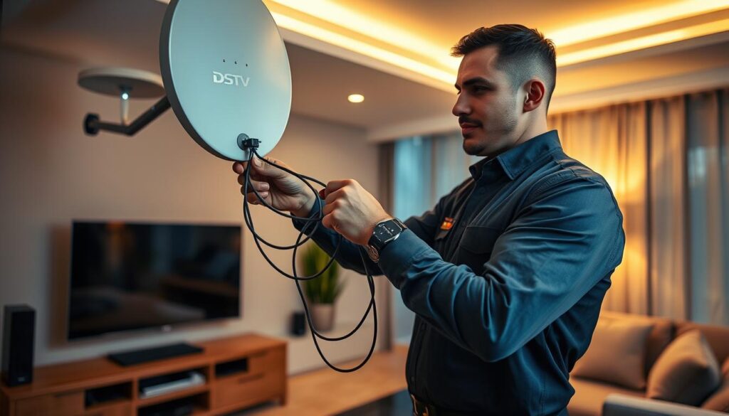 A professional DStv installer performing a comprehensive installation service in a modern, well-equipped home. A neatly dressed technician carefully connects cables, aligns the satellite dish, and tests the system to ensure optimal performance. The scene is bathed in warm, diffused lighting, creating a polished, professional atmosphere. In the background, sleek home entertainment equipment and furniture complement the installation process. The technician's focused expression and attentive body language convey expertise and attention to detail, embodying the "Accredited DStv Installer Services" offering. A professional DStv installer performing a comprehensive installation service in a modern, well-equipped home. A neatly dressed technician carefully connects cables, aligns the satellite dish, and tests the system to ensure optimal performance. The scene is bathed in warm, diffused lighting, creating a polished, professional atmosphere. In the background, sleek home entertainment equipment and furniture complement the installation process. The technician's focused expression and attentive body language convey expertise and attention to detail, embodying the "Accredited DStv Installer Services" offering.