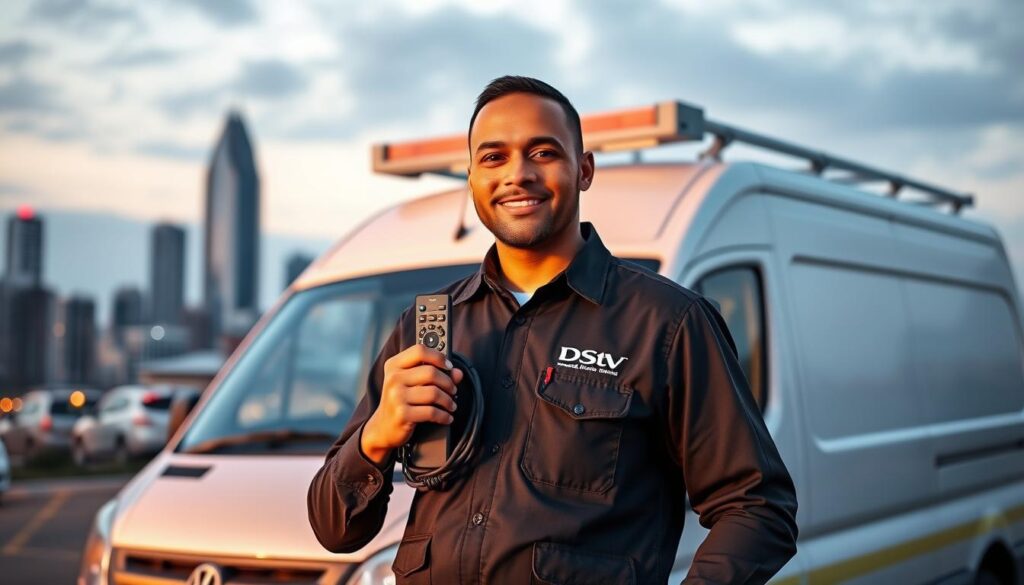 A professional DStv installer technician in Sandton, wearing a crisp uniform with the company logo, confidently holding a DStv remote and cables, standing in front of a modern, well-equipped work van. The technician's expression conveys expertise and a dedication to providing top-notch customer service. The scene is set against the backdrop of the bustling Sandton skyline, capturing the urban professional atmosphere. Soft, warm lighting illuminates the technician, highlighting their attention to detail and problem-solving skills. The overall composition emphasizes the technician's reliability, trustworthiness, and ability to handle any DStv installation needs in the Sandton area. A professional DStv installer technician in Sandton, wearing a crisp uniform with the company logo, confidently holding a DStv remote and cables, standing in front of a modern, well-equipped work van. The technician's expression conveys expertise and a dedication to providing top-notch customer service. The scene is set against the backdrop of the bustling Sandton skyline, capturing the urban professional atmosphere. Soft, warm lighting illuminates the technician, highlighting their attention to detail and problem-solving skills. The overall composition emphasizes the technician's reliability, trustworthiness, and ability to handle any DStv installation needs in the Sandton area.