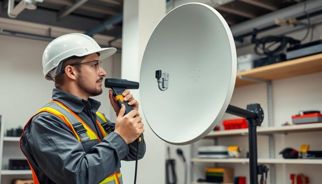 A professional DStv satellite dish installation in a well-lit, spacious environment. The technician, wearing a uniform and safety gear, carefully aligns the dish using specialized tools, ensuring optimal signal reception. The dish is mounted on a sturdy, adjustable bracket, with the cable neatly routed through the wall. In the background, a clean, organized workspace with shelves of equipment and tools. The overall scene conveys a sense of expertise, attention to detail, and a commitment to providing high-quality DStv installation services. A professional DStv satellite dish installation in a well-lit, spacious environment. The technician, wearing a uniform and safety gear, carefully aligns the dish using specialized tools, ensuring optimal signal reception. The dish is mounted on a sturdy, adjustable bracket, with the cable neatly routed through the wall. In the background, a clean, organized workspace with shelves of equipment and tools. The overall scene conveys a sense of expertise, attention to detail, and a commitment to providing high-quality DStv installation services.
