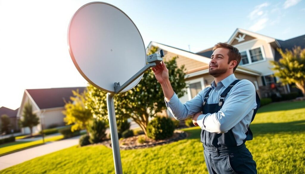 A professional DStv service technician, wearing a crisp collared shirt and dark blue overalls, confidently examines the satellite dish on a modern, well-maintained suburban home. The afternoon sunlight casts a warm glow, highlighting the technician's focused expression as they meticulously check the connections and settings. In the middle ground, a van with the DStv logo stands ready, conveying the sense of reliable, on-demand service. The background features a well-manicured lawn and lush greenery, suggesting a peaceful, upscale neighborhood. The overall scene exudes a sense of competence, customer-centric professionalism, and a commitment to providing a seamless DStv installation and repair experience. A professional DStv service technician, wearing a crisp collared shirt and dark blue overalls, confidently examines the satellite dish on a modern, well-maintained suburban home. The afternoon sunlight casts a warm glow, highlighting the technician's focused expression as they meticulously check the connections and settings. In the middle ground, a van with the DStv logo stands ready, conveying the sense of reliable, on-demand service. The background features a well-manicured lawn and lush greenery, suggesting a peaceful, upscale neighborhood. The overall scene exudes a sense of competence, customer-centric professionalism, and a commitment to providing a seamless DStv installation and repair experience.