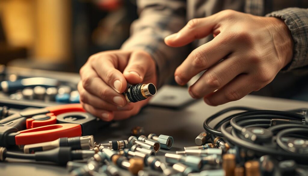 A professional DStv technician carefully examines a faulty cable and connector, surrounded by their toolkit and an assortment of replacement parts. The scene is lit by warm, focused lighting, capturing the intricate details of the components and the technician's skilled hands at work. The background is blurred, drawing the viewer's attention to the task at hand - the precise and meticulous process of restoring a reliable DStv connection. The overall atmosphere conveys a sense of expertise, attention to detail, and the importance of professional DStv cable and connector replacement services. A professional DStv technician carefully examines a faulty cable and connector, surrounded by their toolkit and an assortment of replacement parts. The scene is lit by warm, focused lighting, capturing the intricate details of the components and the technician's skilled hands at work. The background is blurred, drawing the viewer's attention to the task at hand - the precise and meticulous process of restoring a reliable DStv connection. The overall atmosphere conveys a sense of expertise, attention to detail, and the importance of professional DStv cable and connector replacement services.