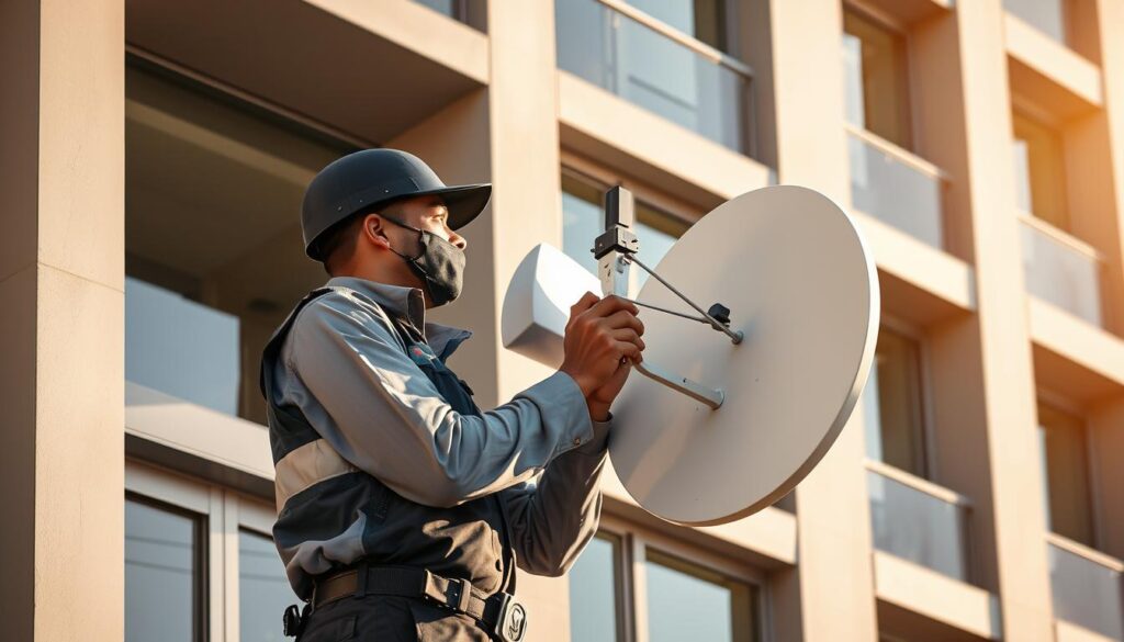 A professional DStv technician carefully installing a smart LNB satellite dish on the exterior of a modern apartment building in Sandton. The technician is wearing a uniform and using specialized tools, focused on properly aligning the dish for optimal reception. The building facade features sleek architecture and large windows, creating a stylish urban setting. Warm afternoon sunlight illuminates the scene, casting subtle shadows. The image conveys a sense of expertise, efficiency, and attention to detail in providing high-quality DStv installation services to residents of Sandton. A professional DStv technician carefully installing a smart LNB satellite dish on the exterior of a modern apartment building in Sandton. The technician is wearing a uniform and using specialized tools, focused on properly aligning the dish for optimal reception. The building facade features sleek architecture and large windows, creating a stylish urban setting. Warm afternoon sunlight illuminates the scene, casting subtle shadows. The image conveys a sense of expertise, efficiency, and attention to detail in providing high-quality DStv installation services to residents of Sandton.