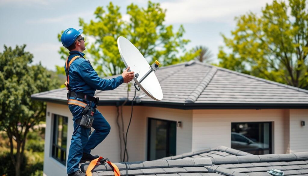 A professional DStv technician, wearing a blue uniform and safety gear, is shown installing a satellite dish on the roof of a modern, two-story home in the upscale Sandton suburb. The technician is using specialized tools and equipment, carefully aligning the dish for optimal signal reception. In the background, lush green trees and well-manicured landscaping create a tranquil, affluent setting. The image conveys a sense of expertise, attention to detail, and reliable service, reflecting the high-quality DStv installation services available in the Sandton area. A professional DStv technician, wearing a blue uniform and safety gear, is shown installing a satellite dish on the roof of a modern, two-story home in the upscale Sandton suburb. The technician is using specialized tools and equipment, carefully aligning the dish for optimal signal reception. In the background, lush green trees and well-manicured landscaping create a tranquil, affluent setting. The image conveys a sense of expertise, attention to detail, and reliable service, reflecting the high-quality DStv installation services available in the Sandton area.
