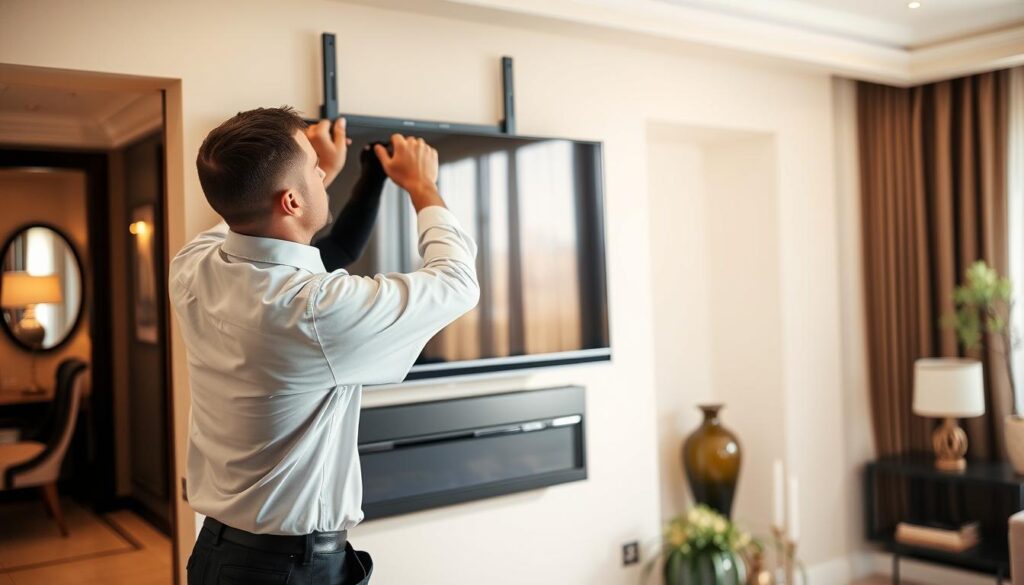 A professional TV mounting service technician, dressed in a clean uniform, carefully installing a large flat-screen television on the living room wall of an upscale Sandton home. The scene is bathed in warm, natural lighting that highlights the sleek, modern design of the television and the precision of the technician's work. In the background, tasteful home decor and furnishings suggest an affluent, well-appointed space. The overall atmosphere conveys a sense of expertise, attention to detail, and a commitment to providing high-quality, reliable TV mounting services to discerning Sandton residents and businesses. A professional TV mounting service technician, dressed in a clean uniform, carefully installing a large flat-screen television on the living room wall of an upscale Sandton home. The scene is bathed in warm, natural lighting that highlights the sleek, modern design of the television and the precision of the technician's work. In the background, tasteful home decor and furnishings suggest an affluent, well-appointed space. The overall atmosphere conveys a sense of expertise, attention to detail, and a commitment to providing high-quality, reliable TV mounting services to discerning Sandton residents and businesses.