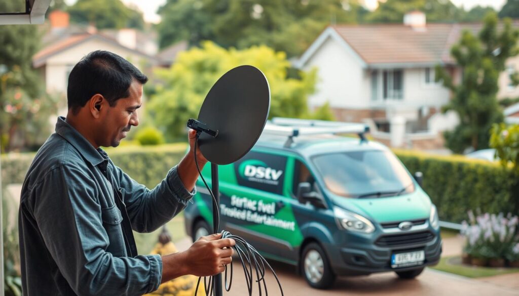 A professional, accredited DStv installation team hard at work in a cozy Woodmead suburb. In the foreground, a technician expertly connects satellite cables, ensuring seamless entertainment for a satisfied customer. The middle ground features the team's branded service van, a symbol of their reliable expertise. In the background, lush greenery and modern homes set the scene, conveying the tranquil, residential atmosphere of Woodmead. Warm, natural lighting casts a welcoming glow, capturing the professionalism and dedication of the DStv installers as they cater to the community's entertainment needs. A professional, accredited DStv installation team hard at work in a cozy Woodmead suburb. In the foreground, a technician expertly connects satellite cables, ensuring seamless entertainment for a satisfied customer. The middle ground features the team's branded service van, a symbol of their reliable expertise. In the background, lush greenery and modern homes set the scene, conveying the tranquil, residential atmosphere of Woodmead. Warm, natural lighting casts a welcoming glow, capturing the professionalism and dedication of the DStv installers as they cater to the community's entertainment needs.