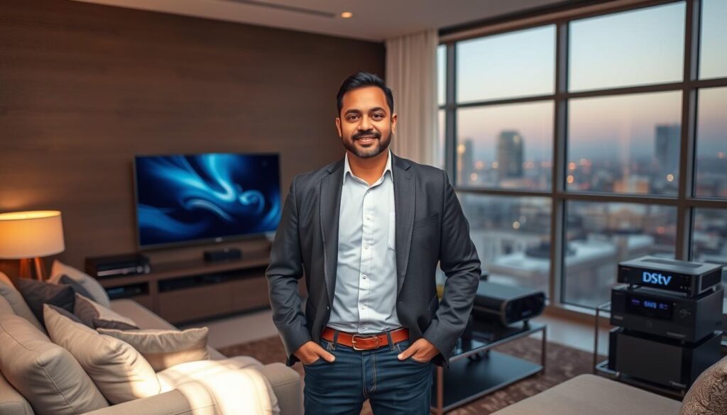 A professional, accredited DStv installer standing confidently in a well-appointed, modern living room, surrounded by state-of-the-art DStv equipment and accessories. Warm, soft lighting illuminates the scene, conveying a sense of expertise and trustworthiness. The installer's attire and demeanor suggest a commitment to customer service and attention to detail. In the background, subtle hints of the Sandton skyline can be seen through large windows, establishing the local context. An overall atmosphere of professionalism, reliability, and expertise in DStv installation and configuration. A professional, accredited DStv installer standing confidently in a well-appointed, modern living room, surrounded by state-of-the-art DStv equipment and accessories. Warm, soft lighting illuminates the scene, conveying a sense of expertise and trustworthiness. The installer's attire and demeanor suggest a commitment to customer service and attention to detail. In the background, subtle hints of the Sandton skyline can be seen through large windows, establishing the local context. An overall atmosphere of professionalism, reliability, and expertise in DStv installation and configuration.