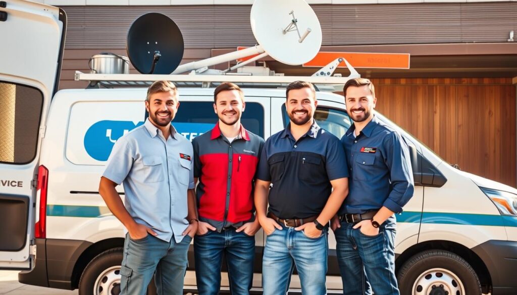 A professional and experienced DStv installation team posing confidently in front of a well-equipped work van. The team members, wearing DStv-branded uniforms, stand with a warm, friendly demeanor, ready to provide top-notch service. The van in the background showcases the company's branding and indicates their professionalism and reliability. The lighting is crisp and natural, highlighting the team's attention to detail and commitment to their work. The overall scene conveys a sense of expertise, trustworthiness, and customer-centric focus, perfectly aligning with the article's subject and section title. A professional and experienced DStv installation team posing confidently in front of a well-equipped work van. The team members, wearing DStv-branded uniforms, stand with a warm, friendly demeanor, ready to provide top-notch service. The van in the background showcases the company's branding and indicates their professionalism and reliability. The lighting is crisp and natural, highlighting the team's attention to detail and commitment to their work. The overall scene conveys a sense of expertise, trustworthiness, and customer-centric focus, perfectly aligning with the article's subject and section title.