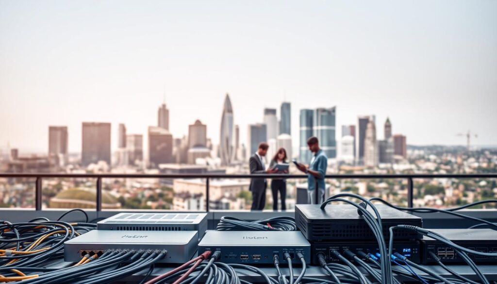 A professional and modern network connectivity solution set against the backdrop of the Sandton skyline. The foreground features sleek, high-tech networking equipment, cables, and routers arranged in a visually appealing layout. The middle ground showcases a team of IT professionals collaboratively working on laptops and tablets, illustrating the hands-on support provided. In the background, the iconic skyscrapers of Sandton's financial district create an urban, business-oriented atmosphere. The lighting is soft and even, accentuating the clean, sophisticated aesthetic. The overall scene conveys a sense of efficiency, innovation, and reliable connectivity solutions tailored for Sandton's thriving commercial landscape. A professional and modern network connectivity solution set against the backdrop of the Sandton skyline. The foreground features sleek, high-tech networking equipment, cables, and routers arranged in a visually appealing layout. The middle ground showcases a team of IT professionals collaboratively working on laptops and tablets, illustrating the hands-on support provided. In the background, the iconic skyscrapers of Sandton's financial district create an urban, business-oriented atmosphere. The lighting is soft and even, accentuating the clean, sophisticated aesthetic. The overall scene conveys a sense of efficiency, innovation, and reliable connectivity solutions tailored for Sandton's thriving commercial landscape.