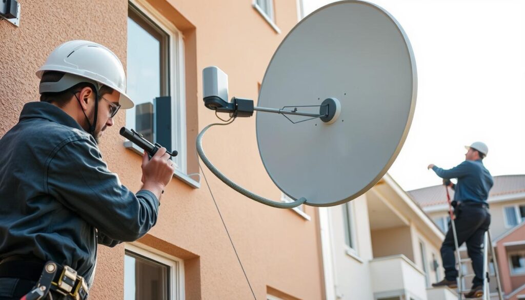 A professional communal DStv installation process captured in a well-lit, documentary-style scene. In the foreground, a DStv technician carefully mounts a satellite dish on the exterior of a multi-unit residential building, using specialized tools and carefully considering the optimal placement. In the middle ground, another technician runs cables through the building's infrastructure, ensuring a seamless connection. In the background, the residential units suggest the communal nature of the installation, with the goal of providing reliable DStv service to the entire community. The overall atmosphere conveys a sense of professionalism, attention to detail, and a commitment to customer satisfaction. A professional communal DStv installation process captured in a well-lit, documentary-style scene. In the foreground, a DStv technician carefully mounts a satellite dish on the exterior of a multi-unit residential building, using specialized tools and carefully considering the optimal placement. In the middle ground, another technician runs cables through the building's infrastructure, ensuring a seamless connection. In the background, the residential units suggest the communal nature of the installation, with the goal of providing reliable DStv service to the entire community. The overall atmosphere conveys a sense of professionalism, attention to detail, and a commitment to customer satisfaction.