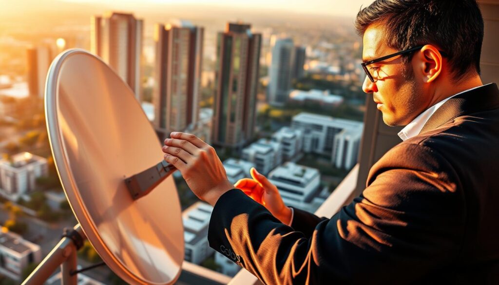 A professional dish alignment service technician, dressed in a crisp uniform, carefully aligns a satellite dish mounted on the rooftop of a modern, high-rise building in the upscale Sandton neighborhood. The technician's face is focused, their hands steady as they make precise adjustments, ensuring the dish is perfectly positioned to receive the clearest DStv signal. The scene is bathed in warm, golden sunlight, casting long shadows and highlighting the sleek, metallic finish of the dish. In the background, the iconic Sandton skyline, with its gleaming skyscrapers and lush greenery, provides a fitting backdrop for this expert technical service. A professional dish alignment service technician, dressed in a crisp uniform, carefully aligns a satellite dish mounted on the rooftop of a modern, high-rise building in the upscale Sandton neighborhood. The technician's face is focused, their hands steady as they make precise adjustments, ensuring the dish is perfectly positioned to receive the clearest DStv signal. The scene is bathed in warm, golden sunlight, casting long shadows and highlighting the sleek, metallic finish of the dish. In the background, the iconic Sandton skyline, with its gleaming skyscrapers and lush greenery, provides a fitting backdrop for this expert technical service.