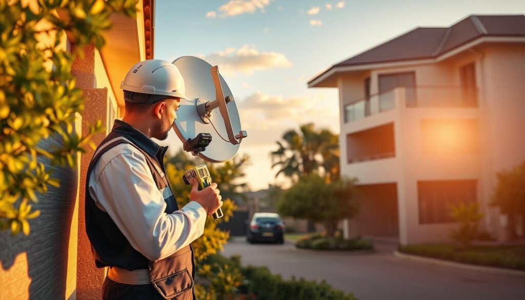 A professional dish pointing service technician in a crisp uniform standing in a residential neighborhood in Sandton, Gauteng. The technician is carefully aligning a DStv satellite dish on the side of a modern, two-story home, using a digital level and tools to ensure precise positioning. The scene is bathed in warm, golden afternoon light, conveying a sense of expertise and attention to detail. The background features lush greenery, well-manicured gardens, and the distinctive architecture of upscale Sandton homes, highlighting the comprehensive coverage and high-quality service provided by this DStv installer. A professional dish pointing service technician in a crisp uniform standing in a residential neighborhood in Sandton, Gauteng. The technician is carefully aligning a DStv satellite dish on the side of a modern, two-story home, using a digital level and tools to ensure precise positioning. The scene is bathed in warm, golden afternoon light, conveying a sense of expertise and attention to detail. The background features lush greenery, well-manicured gardens, and the distinctive architecture of upscale Sandton homes, highlighting the comprehensive coverage and high-quality service provided by this DStv installer.
