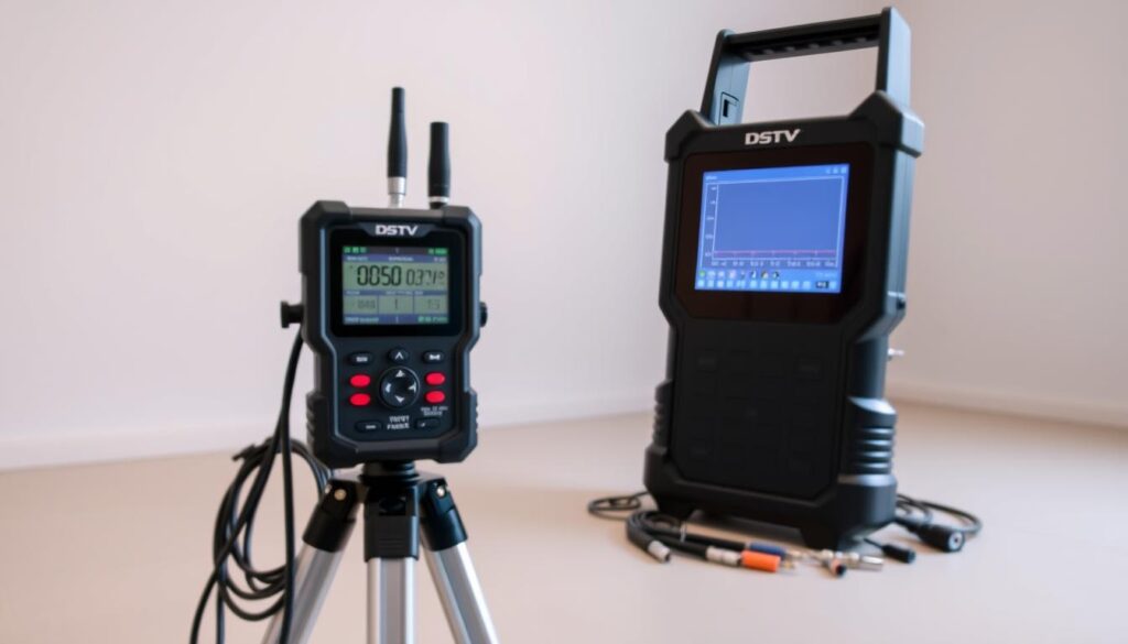 A professional-grade DStv signal testing setup, featuring a high-precision signal meter with a digital display, positioned on a sturdy metal tripod. The equipment is situated in a well-lit, neutral-toned room, with a clean, clutter-free background. The signal meter's sleek, modern design and matte black finish convey a sense of technical sophistication. The device's screen clearly shows signal strength and quality metrics, providing detailed diagnostic information. Nearby, a selection of DStv-compatible cables and connectors are neatly organized, suggesting a comprehensive toolkit for troubleshooting and repair. The overall scene exudes an air of expertise and professionalism, suitable for illustrating a high-quality DStv signal repair and troubleshooting service. A professional-grade DStv signal testing setup, featuring a high-precision signal meter with a digital display, positioned on a sturdy metal tripod. The equipment is situated in a well-lit, neutral-toned room, with a clean, clutter-free background. The signal meter's sleek, modern design and matte black finish convey a sense of technical sophistication. The device's screen clearly shows signal strength and quality metrics, providing detailed diagnostic information. Nearby, a selection of DStv-compatible cables and connectors are neatly organized, suggesting a comprehensive toolkit for troubleshooting and repair. The overall scene exudes an air of expertise and professionalism, suitable for illustrating a high-quality DStv signal repair and troubleshooting service.