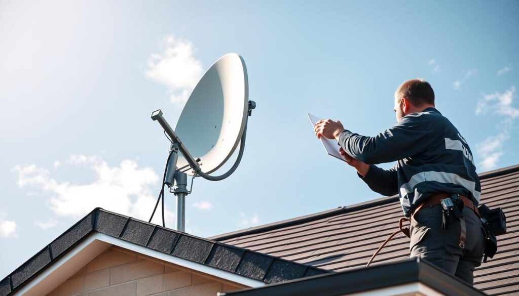 A professional, high-quality photograph of a DStv satellite dish being properly aligned and installed on the roof of a new home. The dish is mounted on a sturdy metal tripod, with the dish itself gleaming in the sunlight. The installer, wearing a DStv uniform, is carefully adjusting the dish's positioning to ensure optimal signal reception. The background shows a clear blue sky with a few wispy clouds, creating a sense of a sunny, pleasant day. The image is sharp and in focus, capturing all the details of the installation process in a visually appealing way. A professional, high-quality photograph of a DStv satellite dish being properly aligned and installed on the roof of a new home. The dish is mounted on a sturdy metal tripod, with the dish itself gleaming in the sunlight. The installer, wearing a DStv uniform, is carefully adjusting the dish's positioning to ensure optimal signal reception. The background shows a clear blue sky with a few wispy clouds, creating a sense of a sunny, pleasant day. The image is sharp and in focus, capturing all the details of the installation process in a visually appealing way.