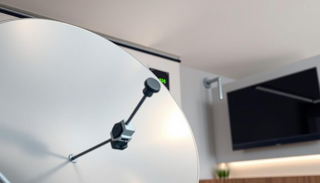 A professional installation of a DStv satellite dish with a high-gain signal booster mounted on the wall. The dish is situated prominently in the foreground, its sleek metallic finish catching the soft, diffused lighting. In the middle ground, the signal booster is neatly installed, its digital display showing the optimized signal strength. The background features a clean, modern interior with minimalist decor, conveying a sense of efficiency and technology. The overall scene exudes a tone of reliable service and premium quality, suitable for a premium DStv installation in an upscale Sandton residence. A professional installation of a DStv satellite dish with a high-gain signal booster mounted on the wall. The dish is situated prominently in the foreground, its sleek metallic finish catching the soft, diffused lighting. In the middle ground, the signal booster is neatly installed, its digital display showing the optimized signal strength. The background features a clean, modern interior with minimalist decor, conveying a sense of efficiency and technology. The overall scene exudes a tone of reliable service and premium quality, suitable for a premium DStv installation in an upscale Sandton residence.