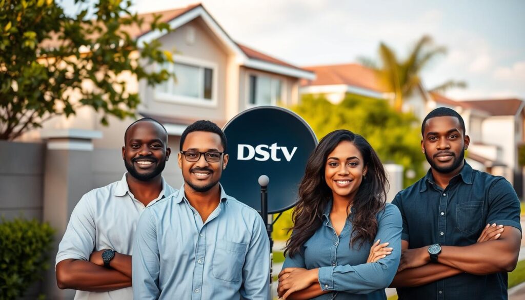 A professional installation team in formal attire standing proudly in front of a DStv satellite dish, their uniforms emblazoned with the DStv logo. The team is composed of diverse individuals, each with a focused, confident expression, conveying their expertise and dedication to providing top-notch DStv installation services. The scene is set against a backdrop of a modern, well-maintained residential neighborhood, with lush greenery and a clear blue sky, creating a sense of professionalism and reliability. Soft, warm lighting illuminates the team, emphasizing their attention to detail and commitment to customer satisfaction. A professional installation team in formal attire standing proudly in front of a DStv satellite dish, their uniforms emblazoned with the DStv logo. The team is composed of diverse individuals, each with a focused, confident expression, conveying their expertise and dedication to providing top-notch DStv installation services. The scene is set against a backdrop of a modern, well-maintained residential neighborhood, with lush greenery and a clear blue sky, creating a sense of professionalism and reliability. Soft, warm lighting illuminates the team, emphasizing their attention to detail and commitment to customer satisfaction.