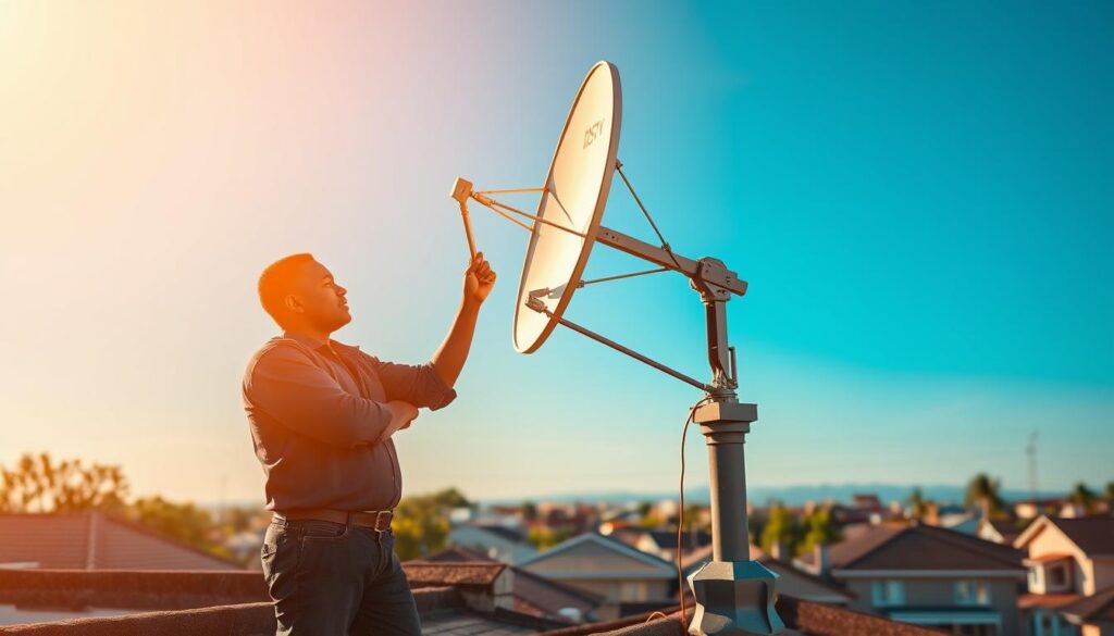 A professional satellite dish installation technician, Kelvin, standing confidently on a rooftop, carefully aligning a state-of-the-art satellite dish against a clear blue sky. The scene is bathed in warm, golden sunlight, casting subtle shadows that accentuate the intricate details of the dish and Kelvin's focused expression. In the background, the cityscape of Kelvin's neighborhood provides a picturesque backdrop, showcasing the scale and precision of his work. The image conveys a sense of expertise, professionalism, and the importance of reliable DStv services in the local community. A professional satellite dish installation technician, Kelvin, standing confidently on a rooftop, carefully aligning a state-of-the-art satellite dish against a clear blue sky. The scene is bathed in warm, golden sunlight, casting subtle shadows that accentuate the intricate details of the dish and Kelvin's focused expression. In the background, the cityscape of Kelvin's neighborhood provides a picturesque backdrop, showcasing the scale and precision of his work. The image conveys a sense of expertise, professionalism, and the importance of reliable DStv services in the local community.