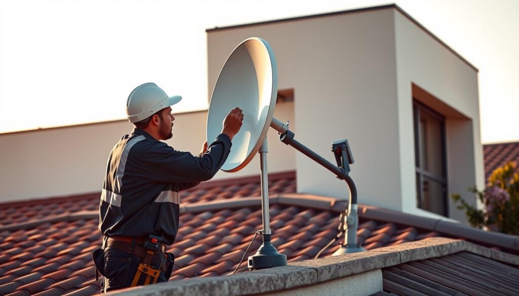 A professional satellite dish installer sets up a new dish on the rooftop of a modern property. The technician carefully aligns the dish, adjusting the angle and orientation to ensure optimal signal reception. The installation is performed with precision, using specialized tools and equipment. The scene is bathed in warm, natural lighting, creating a professional and competent atmosphere. The surrounding architecture features clean lines and contemporary design, complementing the technical nature of the installation process. The final result showcases the expertise and attention to detail required for a successful DStv dish alignment at a new property. A professional satellite dish installer sets up a new dish on the rooftop of a modern property. The technician carefully aligns the dish, adjusting the angle and orientation to ensure optimal signal reception. The installation is performed with precision, using specialized tools and equipment. The scene is bathed in warm, natural lighting, creating a professional and competent atmosphere. The surrounding architecture features clean lines and contemporary design, complementing the technical nature of the installation process. The final result showcases the expertise and attention to detail required for a successful DStv dish alignment at a new property.