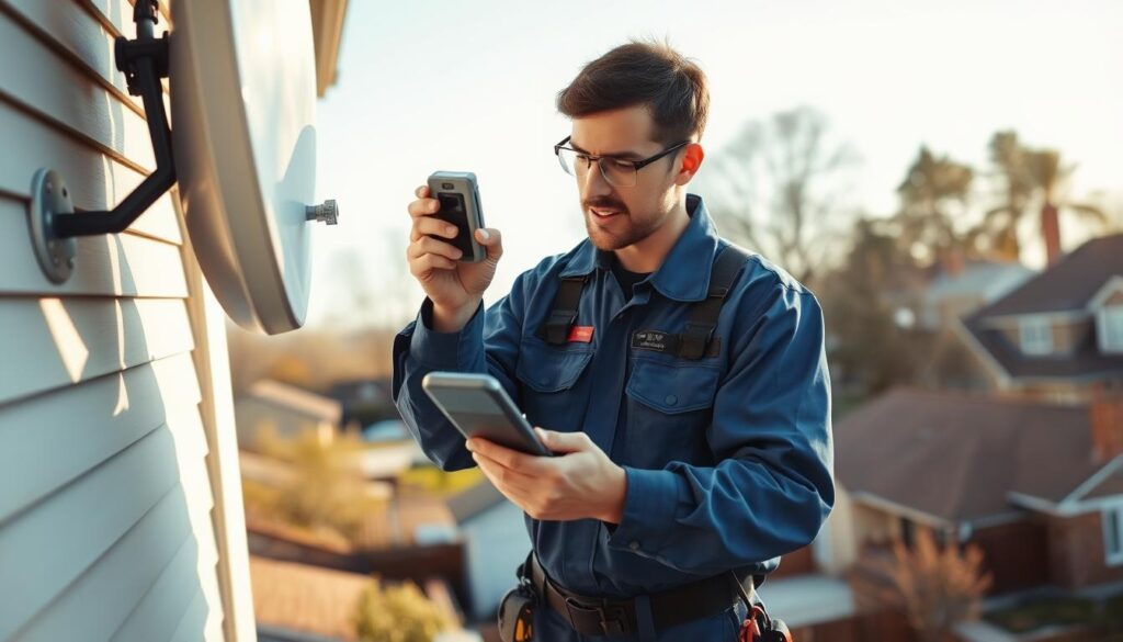 A professional satellite installer wearing a blue uniform and safety gear, intently examining a satellite dish mounted on the side of a residential building. The installer is using a handheld device to measure the signal quality, with a focused expression as they interpret the readout. The scene is set against a backdrop of a suburban neighborhood, with trees and other buildings visible in the distance. The lighting is natural, with the sun casting a warm glow on the scene. The overall atmosphere conveys a sense of diligence and attention to detail as the installer works to resolve any technical issues. A professional satellite installer wearing a blue uniform and safety gear, intently examining a satellite dish mounted on the side of a residential building. The installer is using a handheld device to measure the signal quality, with a focused expression as they interpret the readout. The scene is set against a backdrop of a suburban neighborhood, with trees and other buildings visible in the distance. The lighting is natural, with the sun casting a warm glow on the scene. The overall atmosphere conveys a sense of diligence and attention to detail as the installer works to resolve any technical issues.