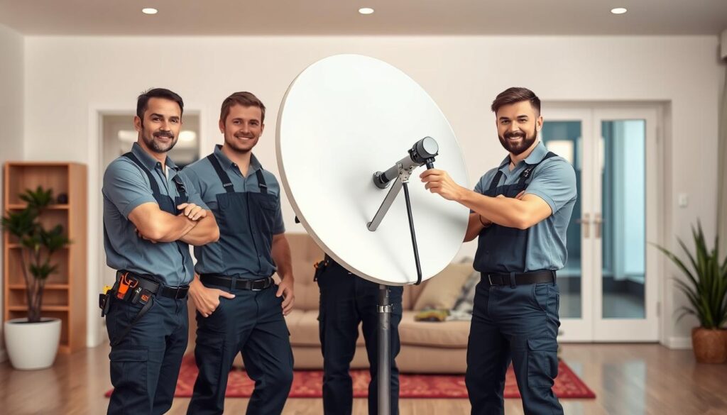 A professional team of DStv installers, dressed in uniform, standing confidently in a well-lit residential setting. The installers are carefully handling a DStv dish, demonstrating their expertise in disassembly and reassembly. The scene captures the seamless transition of a DStv system relocation, with attention to detail and customer satisfaction. The background features a modern, well-maintained home, conveying the high-quality service provided by these approved and trusted professionals. Subtle shadows and diffused lighting create a sense of depth and professionalism, showcasing the installers' dedication to their craft. A professional team of DStv installers, dressed in uniform, standing confidently in a well-lit residential setting. The installers are carefully handling a DStv dish, demonstrating their expertise in disassembly and reassembly. The scene captures the seamless transition of a DStv system relocation, with attention to detail and customer satisfaction. The background features a modern, well-maintained home, conveying the high-quality service provided by these approved and trusted professionals. Subtle shadows and diffused lighting create a sense of depth and professionalism, showcasing the installers' dedication to their craft.