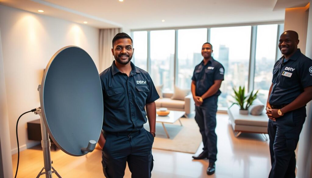 A professional team of accredited DStv installers in a well-lit apartment setting, showcasing their expertise and reliability. In the foreground, two technicians in uniform standing beside a partially installed satellite dish, their expressions conveying confidence and attention to detail. In the middle ground, a living room with modern, minimalist furnishings, creating a sleek and sophisticated atmosphere. The background features large windows overlooking the Sandton skyline, emphasizing the urban, high-end location. The lighting is soft and warm, casting a welcoming glow and highlighting the professionalism of the installers. A professional team of accredited DStv installers in a well-lit apartment setting, showcasing their expertise and reliability. In the foreground, two technicians in uniform standing beside a partially installed satellite dish, their expressions conveying confidence and attention to detail. In the middle ground, a living room with modern, minimalist furnishings, creating a sleek and sophisticated atmosphere. The background features large windows overlooking the Sandton skyline, emphasizing the urban, high-end location. The lighting is soft and warm, casting a welcoming glow and highlighting the professionalism of the installers.