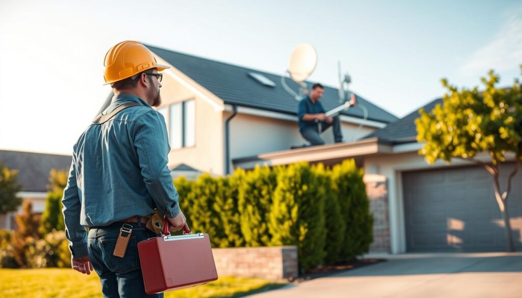 A professional technician arrives at a modern home, carrying a toolbox and a satellite dish. The scene is bathed in warm afternoon light, casting soft shadows. In the middle ground, the technician carefully installs the dish on the rooftop, using specialized tools and following safety protocols. The background showcases the tidy, well-maintained exterior of the home, with lush greenery and a clear blue sky, conveying a sense of efficiency and reliability. The overall atmosphere is one of competence, attention to detail, and a seamless customer experience. A professional technician arrives at a modern home, carrying a toolbox and a satellite dish. The scene is bathed in warm afternoon light, casting soft shadows. In the middle ground, the technician carefully installs the dish on the rooftop, using specialized tools and following safety protocols. The background showcases the tidy, well-maintained exterior of the home, with lush greenery and a clear blue sky, conveying a sense of efficiency and reliability. The overall atmosphere is one of competence, attention to detail, and a seamless customer experience.