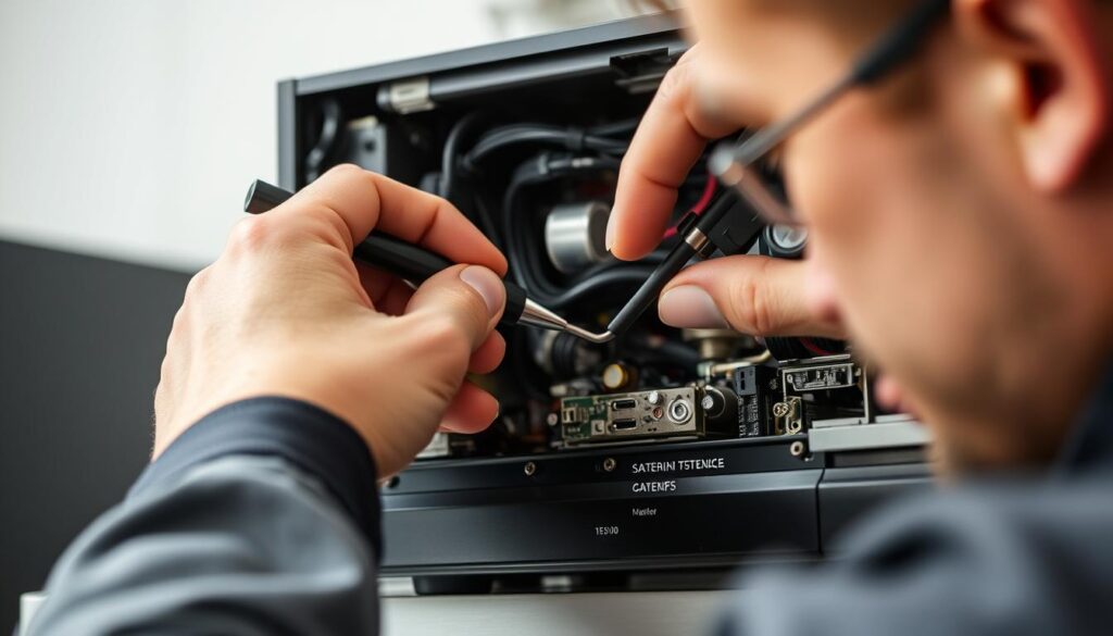 A professional technician closely inspecting the inner workings of a DStv satellite TV receiver, using specialized tools and equipment to diagnose and address any potential issues. The image showcases the meticulous process of preventative maintenance, with the technician's hands delicately handling the components to ensure optimal performance and longevity of the system. The lighting is soft and diffused, creating a sense of care and attention to detail. The background is blurred, keeping the focus on the technician's hands and the receiver, conveying the importance of regular professional maintenance for maintaining a reliable DStv service. A professional technician closely inspecting the inner workings of a DStv satellite TV receiver, using specialized tools and equipment to diagnose and address any potential issues. The image showcases the meticulous process of preventative maintenance, with the technician's hands delicately handling the components to ensure optimal performance and longevity of the system. The lighting is soft and diffused, creating a sense of care and attention to detail. The background is blurred, keeping the focus on the technician's hands and the receiver, conveying the importance of regular professional maintenance for maintaining a reliable DStv service.
