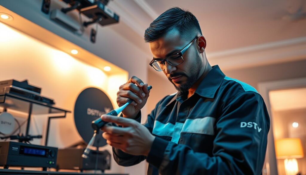 A professional technician in a DSTV uniform carefully examining a fiber optic cable connection in a modern, well-lit home interior. The technician is using specialized tools and equipment to ensure a precise, high-quality installation. In the background, various DSTV components and equipment are neatly organized, conveying a sense of expertise and attention to detail. Soft, warm lighting illuminates the scene, creating a calm and professional atmosphere. The overall composition highlights the skilled and meticulous nature of the DSTV fiber installation process. A professional technician in a DSTV uniform carefully examining a fiber optic cable connection in a modern, well-lit home interior. The technician is using specialized tools and equipment to ensure a precise, high-quality installation. In the background, various DSTV components and equipment are neatly organized, conveying a sense of expertise and attention to detail. Soft, warm lighting illuminates the scene, creating a calm and professional atmosphere. The overall composition highlights the skilled and meticulous nature of the DSTV fiber installation process.