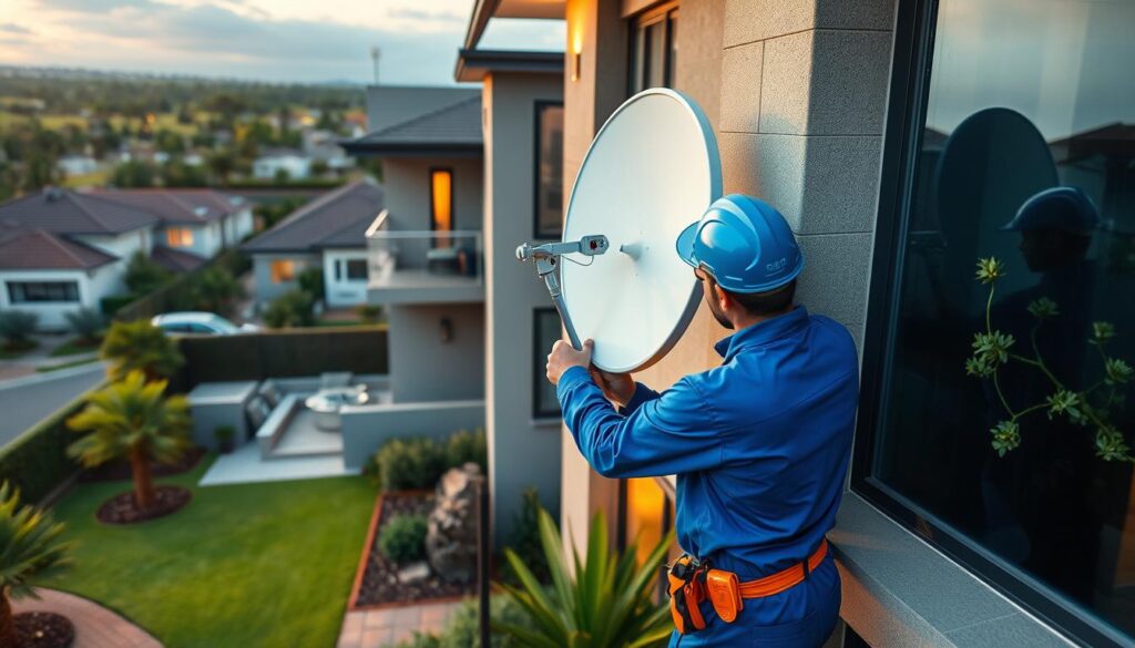 A professional technician in a blue uniform carefully installing a satellite dish on the side of a modern, two-story residential building in Sandton. The installation process is meticulously documented, with the technician using specialized tools and following safety protocols. The surrounding landscape features lush greenery, neatly manicured lawns, and other upscale homes, reflecting the affluent nature of the Sandton neighborhood. Warm, soft lighting illuminates the scene, creating a sense of expertise and reliability. The overall composition conveys the high-quality, professional nature of the DStv installation service being provided to the discerning Sandton clientele. A professional technician in a blue uniform carefully installing a satellite dish on the side of a modern, two-story residential building in Sandton. The installation process is meticulously documented, with the technician using specialized tools and following safety protocols. The surrounding landscape features lush greenery, neatly manicured lawns, and other upscale homes, reflecting the affluent nature of the Sandton neighborhood. Warm, soft lighting illuminates the scene, creating a sense of expertise and reliability. The overall composition conveys the high-quality, professional nature of the DStv installation service being provided to the discerning Sandton clientele.