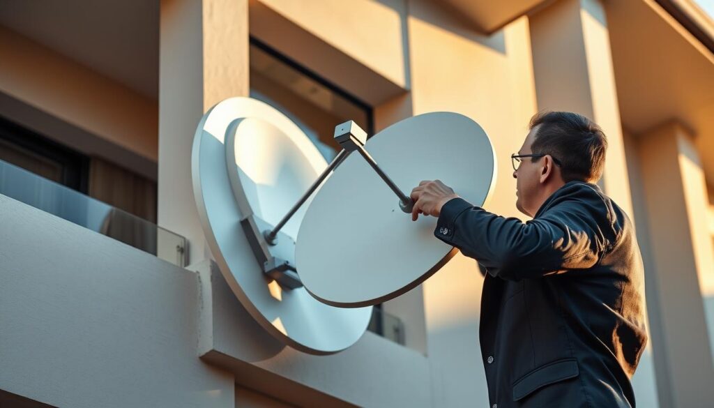 A professional technician in a crisp uniform carefully installing a DStv Explora Ultra satellite dish on the side of a modern, upscale Sandton townhouse. The technician's hands are steady as they precisely align the dish, ensuring optimal signal reception. The installation is performed with meticulous attention to detail, reflecting the expertise and professionalism of the DStv Installer Sandton team. The scene is bathed in warm, golden afternoon light, casting gentle shadows that accentuate the sleek, sophisticated lines of the dish and the building. The overall atmosphere conveys a sense of efficiency, reliability, and high-quality service. A professional technician in a crisp uniform carefully installing a DStv Explora Ultra satellite dish on the side of a modern, upscale Sandton townhouse. The technician's hands are steady as they precisely align the dish, ensuring optimal signal reception. The installation is performed with meticulous attention to detail, reflecting the expertise and professionalism of the DStv Installer Sandton team. The scene is bathed in warm, golden afternoon light, casting gentle shadows that accentuate the sleek, sophisticated lines of the dish and the building. The overall atmosphere conveys a sense of efficiency, reliability, and high-quality service.