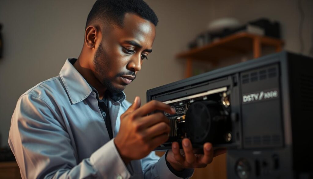 A professional technician in a well-equipped home workshop, meticulously analyzing the inner workings of a DStv decoder. Soft lighting illuminates the scene, casting subtle shadows that highlight the intricate components. The expert's expression is one of focused concentration, as they delicately troubleshoot the system using specialized diagnostic tools. The background is a harmonious blend of muted tones, emphasizing the technician's expertise and the importance of their work. The overall atmosphere conveys a sense of professionalism, attention to detail, and the ability to effectively resolve DStv-related issues. A professional technician in a well-equipped home workshop, meticulously analyzing the inner workings of a DStv decoder. Soft lighting illuminates the scene, casting subtle shadows that highlight the intricate components. The expert's expression is one of focused concentration, as they delicately troubleshoot the system using specialized diagnostic tools. The background is a harmonious blend of muted tones, emphasizing the technician's expertise and the importance of their work. The overall atmosphere conveys a sense of professionalism, attention to detail, and the ability to effectively resolve DStv-related issues.