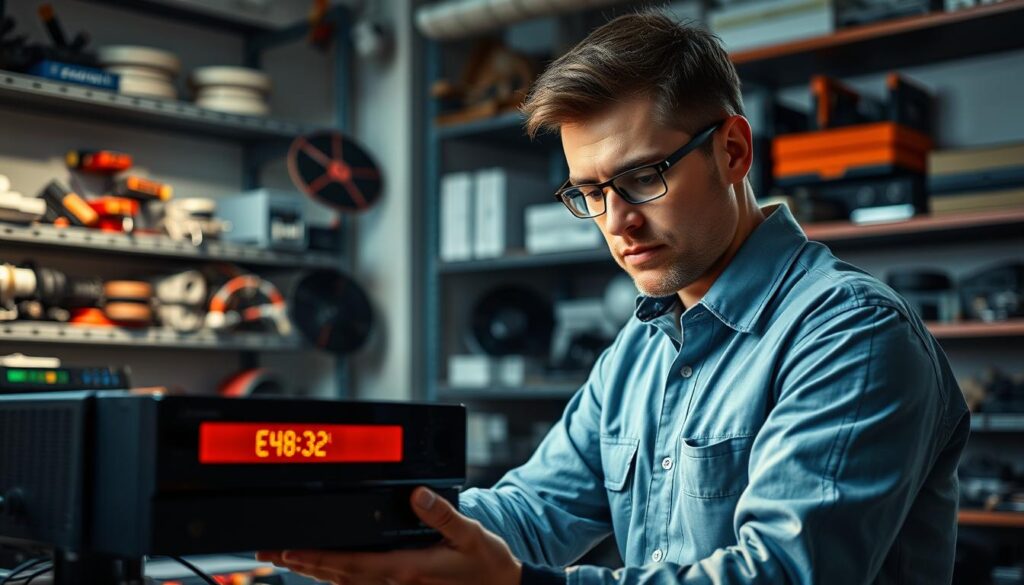 A professional technician in a well-equipped workshop, intently focused on a DStv receiver displaying an error code e48-32. The scene is bathed in warm, inviting lighting that highlights the technician's expertise and the state-of-the-art diagnostic equipment surrounding them. The technician's expression conveys a sense of calm problem-solving as they methodically work to resolve the issue, ready to provide reliable, top-quality service. The background features neatly organized shelves of replacement parts and tools, conveying the workshop's preparedness to handle a wide range of DStv troubleshooting and repair needs. A professional technician in a well-equipped workshop, intently focused on a DStv receiver displaying an error code e48-32. The scene is bathed in warm, inviting lighting that highlights the technician's expertise and the state-of-the-art diagnostic equipment surrounding them. The technician's expression conveys a sense of calm problem-solving as they methodically work to resolve the issue, ready to provide reliable, top-quality service. The background features neatly organized shelves of replacement parts and tools, conveying the workshop's preparedness to handle a wide range of DStv troubleshooting and repair needs.