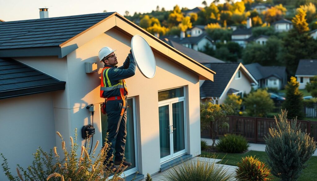 A professional technician installing a DStv satellite dish on the exterior of a modern residential home in Strathavon. The technician is wearing a uniform and safety gear, carefully aligning the dish to optimize signal reception. The home's facade is well-maintained, with manicured landscaping in the foreground. Warm afternoon sunlight casts long shadows, creating a sense of depth and atmosphere. The background features neighboring houses and lush greenery, conveying a peaceful suburban setting. The overall scene emphasizes the expertise and care taken during a professional DStv installation service. A professional technician installing a DStv satellite dish on the exterior of a modern residential home in Strathavon. The technician is wearing a uniform and safety gear, carefully aligning the dish to optimize signal reception. The home's facade is well-maintained, with manicured landscaping in the foreground. Warm afternoon sunlight casts long shadows, creating a sense of depth and atmosphere. The background features neighboring houses and lush greenery, conveying a peaceful suburban setting. The overall scene emphasizes the expertise and care taken during a professional DStv installation service.
