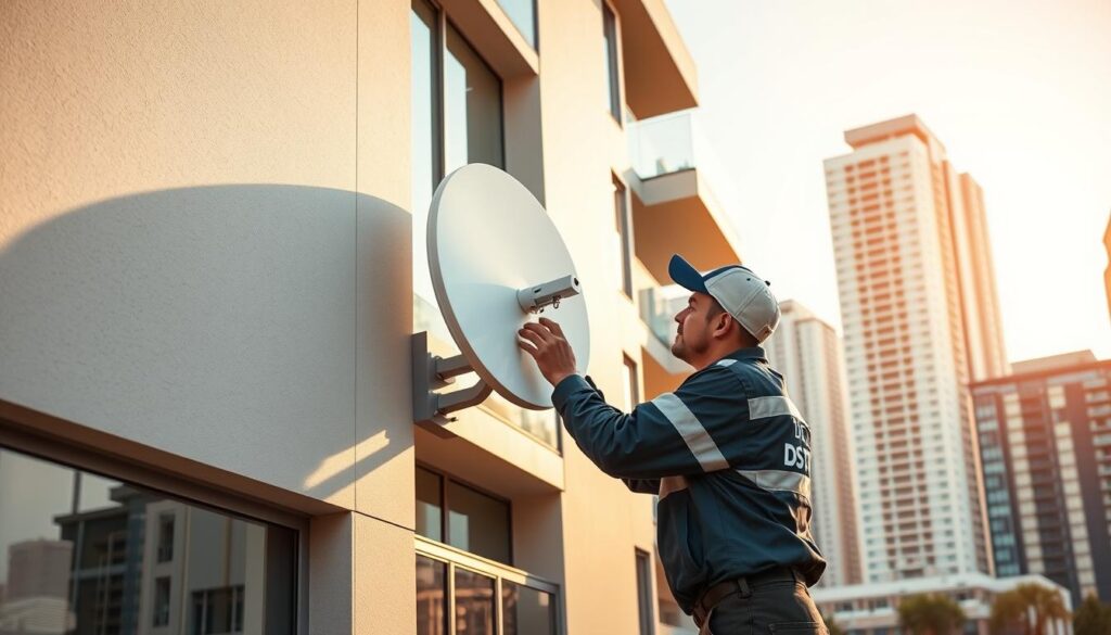 A professional technician installing a DStv satellite dish on the exterior of a modern, multi-story residential building in the commercial district of Sandton. The technician, wearing a DStv uniform, is carefully aligning the dish with the proper satellite coordinates, ensuring optimal signal reception. The building features a sleek, contemporary architectural design with clean lines and large windows, reflecting the affluence of the neighborhood. The scene is bathed in warm, golden natural light, creating a sense of professionalism and expertise. In the background, other high-rise office and apartment buildings are visible, showcasing the bustling, urban environment of Sandton. A professional technician installing a DStv satellite dish on the exterior of a modern, multi-story residential building in the commercial district of Sandton. The technician, wearing a DStv uniform, is carefully aligning the dish with the proper satellite coordinates, ensuring optimal signal reception. The building features a sleek, contemporary architectural design with clean lines and large windows, reflecting the affluence of the neighborhood. The scene is bathed in warm, golden natural light, creating a sense of professionalism and expertise. In the background, other high-rise office and apartment buildings are visible, showcasing the bustling, urban environment of Sandton.