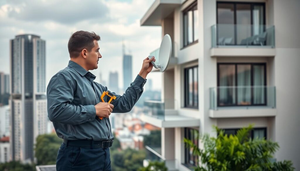 A professional technician installing a satellite dish on a modern multi-story residential building. The foreground shows the technician in a neatly pressed uniform, tools in hand, carefully positioning the dish on the exterior wall. The middle ground depicts the sleek, contemporary architecture of the building, with clean lines and large windows. The background features a cityscape of skyscrapers and lush greenery, suggesting an upscale suburban setting. Soft, even lighting illuminates the scene, creating a sense of professionalism and attention to detail. The overall composition conveys the skilled, efficient, and customer-focused nature of the DStv installation service. A professional technician installing a satellite dish on a modern multi-story residential building. The foreground shows the technician in a neatly pressed uniform, tools in hand, carefully positioning the dish on the exterior wall. The middle ground depicts the sleek, contemporary architecture of the building, with clean lines and large windows. The background features a cityscape of skyscrapers and lush greenery, suggesting an upscale suburban setting. Soft, even lighting illuminates the scene, creating a sense of professionalism and attention to detail. The overall composition conveys the skilled, efficient, and customer-focused nature of the DStv installation service.