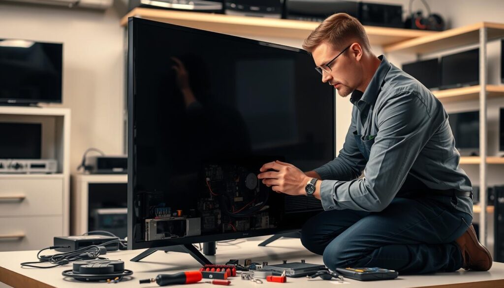 A professional technician kneeling beside a smart TV, carefully examining the internal components with a focused expression. The TV is situated on a clean, well-lit workbench, surrounded by diagnostic tools and spare parts. Soft, directional lighting from above casts subtle shadows, emphasizing the intricate details of the electronics. In the background, a shelf displays various models of smart TVs, hinting at the technician's expertise in servicing a wide range of devices. The overall scene conveys a sense of expertise, diligence, and a dedication to providing high-quality maintenance and troubleshooting support. A professional technician kneeling beside a smart TV, carefully examining the internal components with a focused expression. The TV is situated on a clean, well-lit workbench, surrounded by diagnostic tools and spare parts. Soft, directional lighting from above casts subtle shadows, emphasizing the intricate details of the electronics. In the background, a shelf displays various models of smart TVs, hinting at the technician's expertise in servicing a wide range of devices. The overall scene conveys a sense of expertise, diligence, and a dedication to providing high-quality maintenance and troubleshooting support.