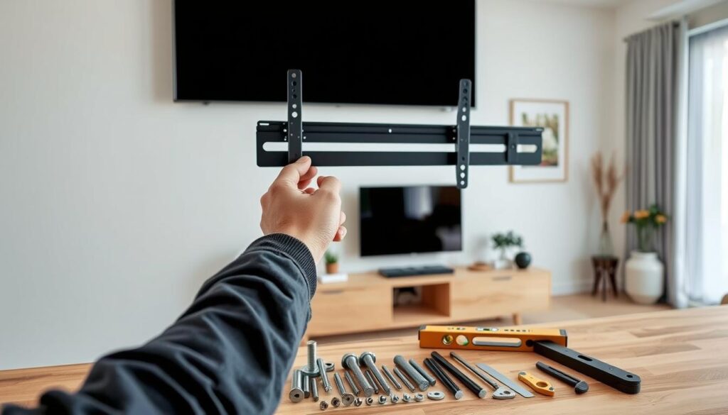 A professional technician performing a meticulous TV mounting installation using high-quality hardware. The foreground depicts the worker's hands carefully aligning the TV bracket on the wall, ensuring a secure and level fit. The middle ground showcases the various mounting components, including screws, anchors, and leveling tools, neatly arranged on a clean work surface. The background features a well-lit, minimalist home interior, with subtle hints of modern decor, conveying a sense of precision and expertise. The scene is captured with a crisp, high-resolution lens, emphasizing the attention to detail and the technician's skilled craftsmanship. A professional technician performing a meticulous TV mounting installation using high-quality hardware. The foreground depicts the worker's hands carefully aligning the TV bracket on the wall, ensuring a secure and level fit. The middle ground showcases the various mounting components, including screws, anchors, and leveling tools, neatly arranged on a clean work surface. The background features a well-lit, minimalist home interior, with subtle hints of modern decor, conveying a sense of precision and expertise. The scene is captured with a crisp, high-resolution lens, emphasizing the attention to detail and the technician's skilled craftsmanship.