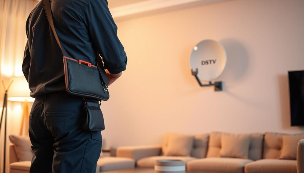 A professional technician standing in a well-lit living room, carefully inspecting a DSTV satellite dish installation on a wall. The room is modern and cozy, with warm lighting and neutral-toned furnishings. The technician is wearing a company uniform and carrying a toolkit, conveying a sense of expertise and professionalism. The DSTV dish is prominent in the frame, allowing the viewer to clearly see the installation details. The atmosphere is one of calm and efficiency, suggesting a smooth and reliable service experience. A professional technician standing in a well-lit living room, carefully inspecting a DSTV satellite dish installation on a wall. The room is modern and cozy, with warm lighting and neutral-toned furnishings. The technician is wearing a company uniform and carrying a toolkit, conveying a sense of expertise and professionalism. The DSTV dish is prominent in the frame, allowing the viewer to clearly see the installation details. The atmosphere is one of calm and efficiency, suggesting a smooth and reliable service experience.