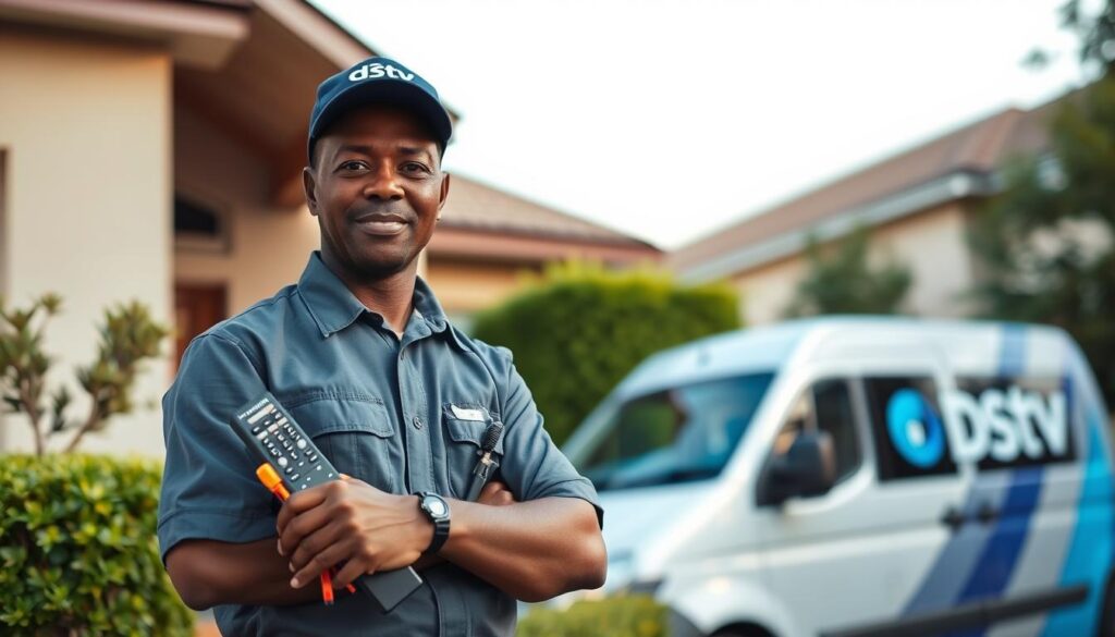 A professional, uniformed DStv installer standing confidently in front of a suburban home in Bryanston, holding a DStv remote control and tools of the trade. The installer is flanked by a company van in the background, its logo prominently displayed. Soft, natural lighting illuminates the scene, highlighting the installer's attentive expression and the well-maintained, attractive neighborhood setting. The overall atmosphere conveys a sense of reliable, accredited service and attention to detail. A professional, uniformed DStv installer standing confidently in front of a suburban home in Bryanston, holding a DStv remote control and tools of the trade. The installer is flanked by a company van in the background, its logo prominently displayed. Soft, natural lighting illuminates the scene, highlighting the installer's attentive expression and the well-maintained, attractive neighborhood setting. The overall atmosphere conveys a sense of reliable, accredited service and attention to detail.