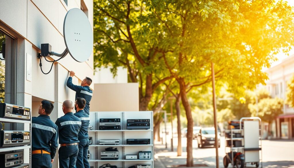 A professional, well-equipped DStv installation and repair service center in Hyde Park. The foreground depicts a team of technicians in uniform, skillfully working on a satellite dish mounted on the side of a modern building. In the middle ground, neatly organized shelves display an array of DStv decoders, cables, and other equipment. The background showcases the vibrant, tree-lined streets of Hyde Park, with a clear, sunny sky overhead. The lighting is warm and natural, creating a welcoming atmosphere. The composition is balanced, with a focus on the technical expertise and comprehensive services offered by this DStv specialist in the heart of Hyde Park. A professional, well-equipped DStv installation and repair service center in Hyde Park. The foreground depicts a team of technicians in uniform, skillfully working on a satellite dish mounted on the side of a modern building. In the middle ground, neatly organized shelves display an array of DStv decoders, cables, and other equipment. The background showcases the vibrant, tree-lined streets of Hyde Park, with a clear, sunny sky overhead. The lighting is warm and natural, creating a welcoming atmosphere. The composition is balanced, with a focus on the technical expertise and comprehensive services offered by this DStv specialist in the heart of Hyde Park.