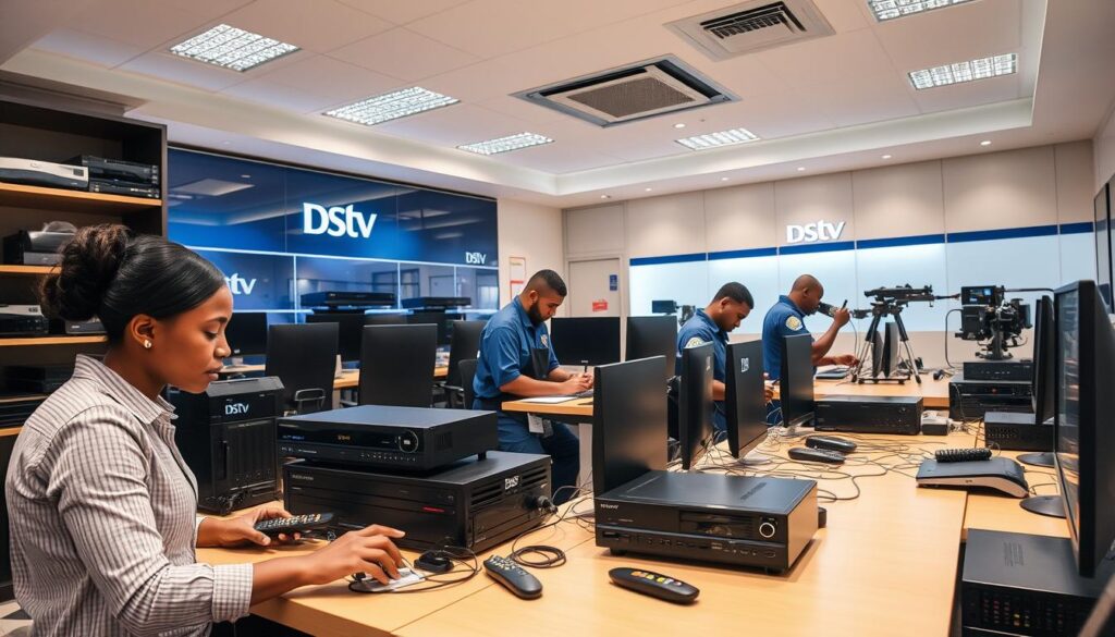 A professional, well-equipped DStv technical support and repair service center. In the foreground, a customer service representative assists a customer with a DStv setup, surrounded by a neatly organized workspace filled with DStv decoders, remote controls, and diagnostic tools. In the middle ground, technicians in uniforms diligently work on repairing various DStv components using specialized equipment. The background showcases a clean, modern interior with sleek DStv branding and signage, conveying a sense of professionalism and reliability. Soft, warm lighting creates a welcoming atmosphere, while the composition emphasizes the comprehensive nature of the DStv repair services offered. A professional, well-equipped DStv technical support and repair service center. In the foreground, a customer service representative assists a customer with a DStv setup, surrounded by a neatly organized workspace filled with DStv decoders, remote controls, and diagnostic tools. In the middle ground, technicians in uniforms diligently work on repairing various DStv components using specialized equipment. The background showcases a clean, modern interior with sleek DStv branding and signage, conveying a sense of professionalism and reliability. Soft, warm lighting creates a welcoming atmosphere, while the composition emphasizes the comprehensive nature of the DStv repair services offered.