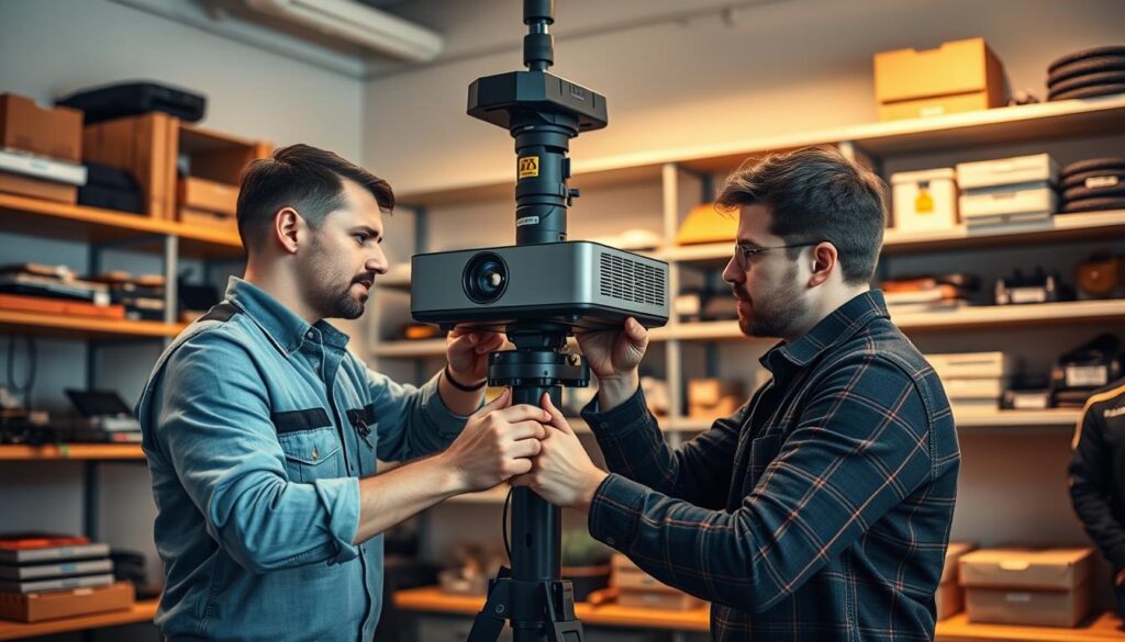 A professional, well-equipped projector installation service team working diligently in a neatly organized workshop. The scene depicts a pair of skilled technicians meticulously calibrating and configuring a high-end projector on a sturdy, adjustable mounting system. Soft, warm lighting illuminates the workspace, casting a focused, task-oriented atmosphere. Shelves in the background are stocked with an array of specialized tools, cables, and accessories, hinting at the team's comprehensive expertise. The overall composition conveys a sense of precision, efficiency, and a commitment to delivering a seamless, custom projection solution tailored to the client's needs. A professional, well-equipped projector installation service team working diligently in a neatly organized workshop. The scene depicts a pair of skilled technicians meticulously calibrating and configuring a high-end projector on a sturdy, adjustable mounting system. Soft, warm lighting illuminates the workspace, casting a focused, task-oriented atmosphere. Shelves in the background are stocked with an array of specialized tools, cables, and accessories, hinting at the team's comprehensive expertise. The overall composition conveys a sense of precision, efficiency, and a commitment to delivering a seamless, custom projection solution tailored to the client's needs.
