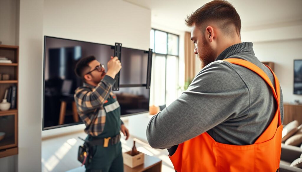 A professional, well-equipped technician carefully mounting a sleek, modern television onto a sturdy wall bracket. The scene is set in a spacious, stylishly decorated living room, with natural lighting streaming in through large windows. The technician's tools and equipment are neatly organized, showcasing their expertise and attention to detail. The TV is positioned at the perfect height and angle, seamlessly integrated into the room's design. An atmosphere of precision, efficiency, and customer satisfaction permeates the scene, reflecting the high-quality service offered by a specialized TV installation provider. A professional, well-equipped technician carefully mounting a sleek, modern television onto a sturdy wall bracket. The scene is set in a spacious, stylishly decorated living room, with natural lighting streaming in through large windows. The technician's tools and equipment are neatly organized, showcasing their expertise and attention to detail. The TV is positioned at the perfect height and angle, seamlessly integrated into the room's design. An atmosphere of precision, efficiency, and customer satisfaction permeates the scene, reflecting the high-quality service offered by a specialized TV installation provider.