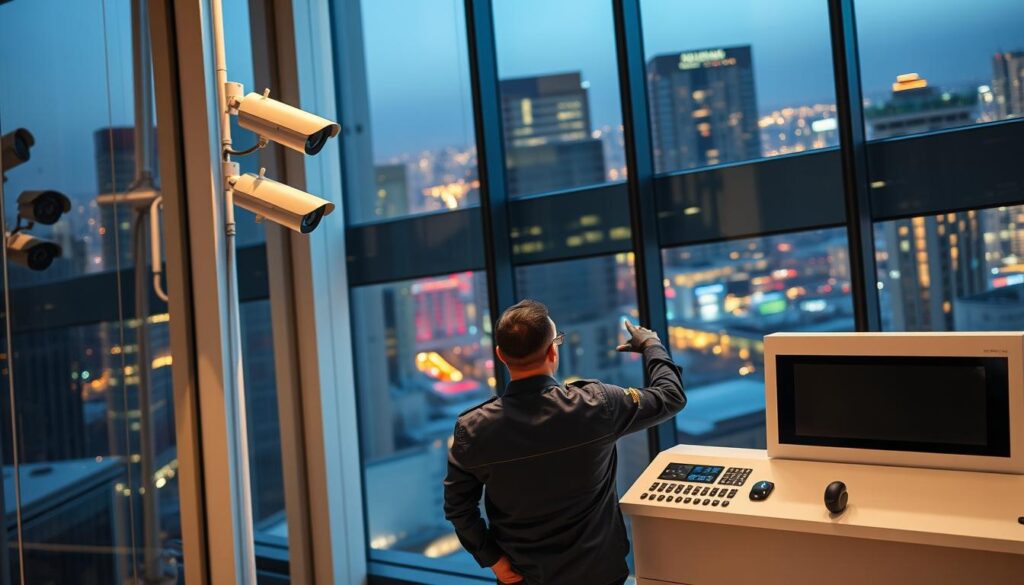 A professional, well-lit CCTV camera installation in a modern, upscale commercial setting in Sandton. The sleek, discreet cameras are mounted at strategic angles on the exterior of a high-rise office building, blending seamlessly with the contemporary architecture. In the foreground, a technician in a crisp, branded uniform is carefully calibrating the system, ensuring optimal coverage and functionality. The middle ground showcases the clean, minimalist design of the control panel, with intuitive displays and sophisticated software. In the background, the vibrant Sandton skyline is visible through large windows, conveying a sense of security and professionalism within a thriving, dynamic business district. A professional, well-lit CCTV camera installation in a modern, upscale commercial setting in Sandton. The sleek, discreet cameras are mounted at strategic angles on the exterior of a high-rise office building, blending seamlessly with the contemporary architecture. In the foreground, a technician in a crisp, branded uniform is carefully calibrating the system, ensuring optimal coverage and functionality. The middle ground showcases the clean, minimalist design of the control panel, with intuitive displays and sophisticated software. In the background, the vibrant Sandton skyline is visible through large windows, conveying a sense of security and professionalism within a thriving, dynamic business district.