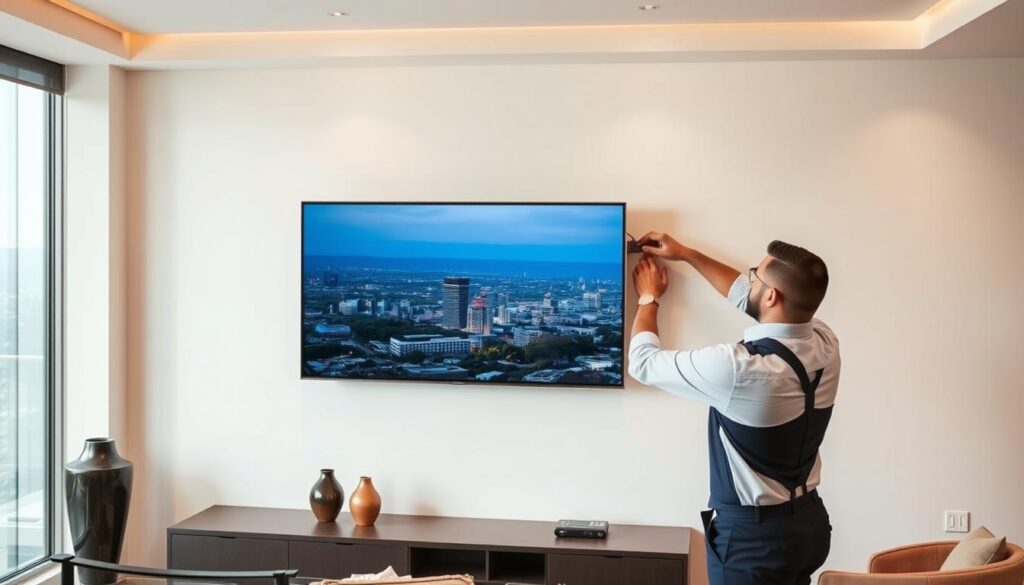 A professional, well-lit image of a sleek, modern living room with a large, flat-screen TV mounted securely on the wall. The TV is mounted using a high-quality, discreet wall bracket, showcasing a clean, streamlined look. In the foreground, a skilled technician in a professional uniform is carefully adjusting the positioning of the TV, ensuring a perfect installation. The middle ground features elegant, minimalist decor elements that complement the room's sophisticated aesthetic. The background depicts a panoramic view of the Sandton skyline, highlighting the urban, metropolitan setting of the service. The overall tone conveys a sense of professionalism, attention to detail, and high-quality workmanship. A professional, well-lit image of a sleek, modern living room with a large, flat-screen TV mounted securely on the wall. The TV is mounted using a high-quality, discreet wall bracket, showcasing a clean, streamlined look. In the foreground, a skilled technician in a professional uniform is carefully adjusting the positioning of the TV, ensuring a perfect installation. The middle ground features elegant, minimalist decor elements that complement the room's sophisticated aesthetic. The background depicts a panoramic view of the Sandton skyline, highlighting the urban, metropolitan setting of the service. The overall tone conveys a sense of professionalism, attention to detail, and high-quality workmanship.