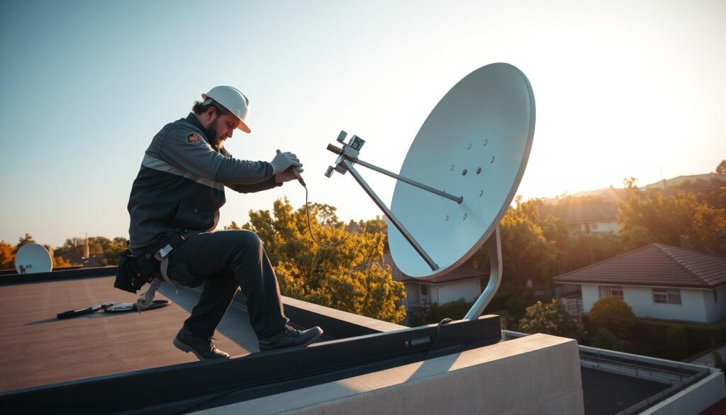A satellite dish being professionally installed on the rooftop of a modern residential building in Rivonia. The installer, dressed in a uniform, carefully secures the dish using specialized tools and equipment. The dish is positioned to maximize signal reception, with the surrounding landscape of lush trees and neighboring homes visible in the background. Warm, natural lighting filters through, creating a sense of expertise and attention to detail. The camera angle captures the installation process from a low, three-quarter perspective, emphasizing the technician's skilled handiwork. A satellite dish being professionally installed on the rooftop of a modern residential building in Rivonia. The installer, dressed in a uniform, carefully secures the dish using specialized tools and equipment. The dish is positioned to maximize signal reception, with the surrounding landscape of lush trees and neighboring homes visible in the background. Warm, natural lighting filters through, creating a sense of expertise and attention to detail. The camera angle captures the installation process from a low, three-quarter perspective, emphasizing the technician's skilled handiwork.