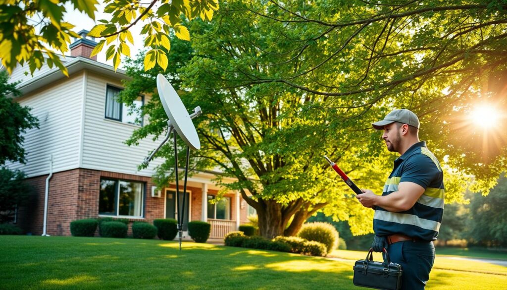 A satellite dish mounted on the exterior of a two-story residential house, situated on a well-manicured lawn against a backdrop of lush, verdant trees. The dish is angled precisely, capturing the optimal signal from the sky. A technician, wearing a company uniform, stands beside the dish, examining it with a focused gaze and a tool kit in hand, ready to provide expert installation or repair services. Warm, golden sunlight filters through the branches, casting a gentle, welcoming atmosphere over the scene. The image conveys a sense of professionalism, reliability, and attention to detail in the provision of comprehensive DStv installation and repair services in the Sandown area. A satellite dish mounted on the exterior of a two-story residential house, situated on a well-manicured lawn against a backdrop of lush, verdant trees. The dish is angled precisely, capturing the optimal signal from the sky. A technician, wearing a company uniform, stands beside the dish, examining it with a focused gaze and a tool kit in hand, ready to provide expert installation or repair services. Warm, golden sunlight filters through the branches, casting a gentle, welcoming atmosphere over the scene. The image conveys a sense of professionalism, reliability, and attention to detail in the provision of comprehensive DStv installation and repair services in the Sandown area.