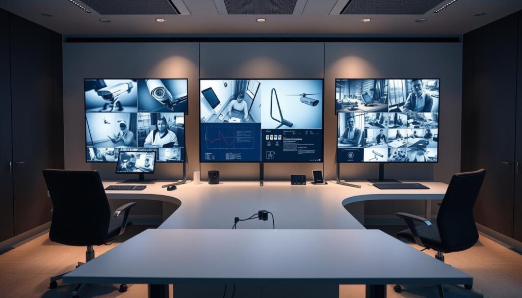 A secure CCTV monitoring station situated in a sleek, minimalist office environment. The workspace features multiple high-resolution displays showcasing live camera feeds from various locations, allowing for comprehensive real-time surveillance. Sophisticated software interfaces and intuitive controls enable effortless remote management and monitoring capabilities. Subtle ambient lighting creates a calming, professional atmosphere, while ergonomic workstations promote productivity and focus. The scene conveys the benefits of remote CCTV monitoring, including enhanced security, improved efficiency, and the ability to monitor multiple sites simultaneously from a central command center. A secure CCTV monitoring station situated in a sleek, minimalist office environment. The workspace features multiple high-resolution displays showcasing live camera feeds from various locations, allowing for comprehensive real-time surveillance. Sophisticated software interfaces and intuitive controls enable effortless remote management and monitoring capabilities. Subtle ambient lighting creates a calming, professional atmosphere, while ergonomic workstations promote productivity and focus. The scene conveys the benefits of remote CCTV monitoring, including enhanced security, improved efficiency, and the ability to monitor multiple sites simultaneously from a central command center.